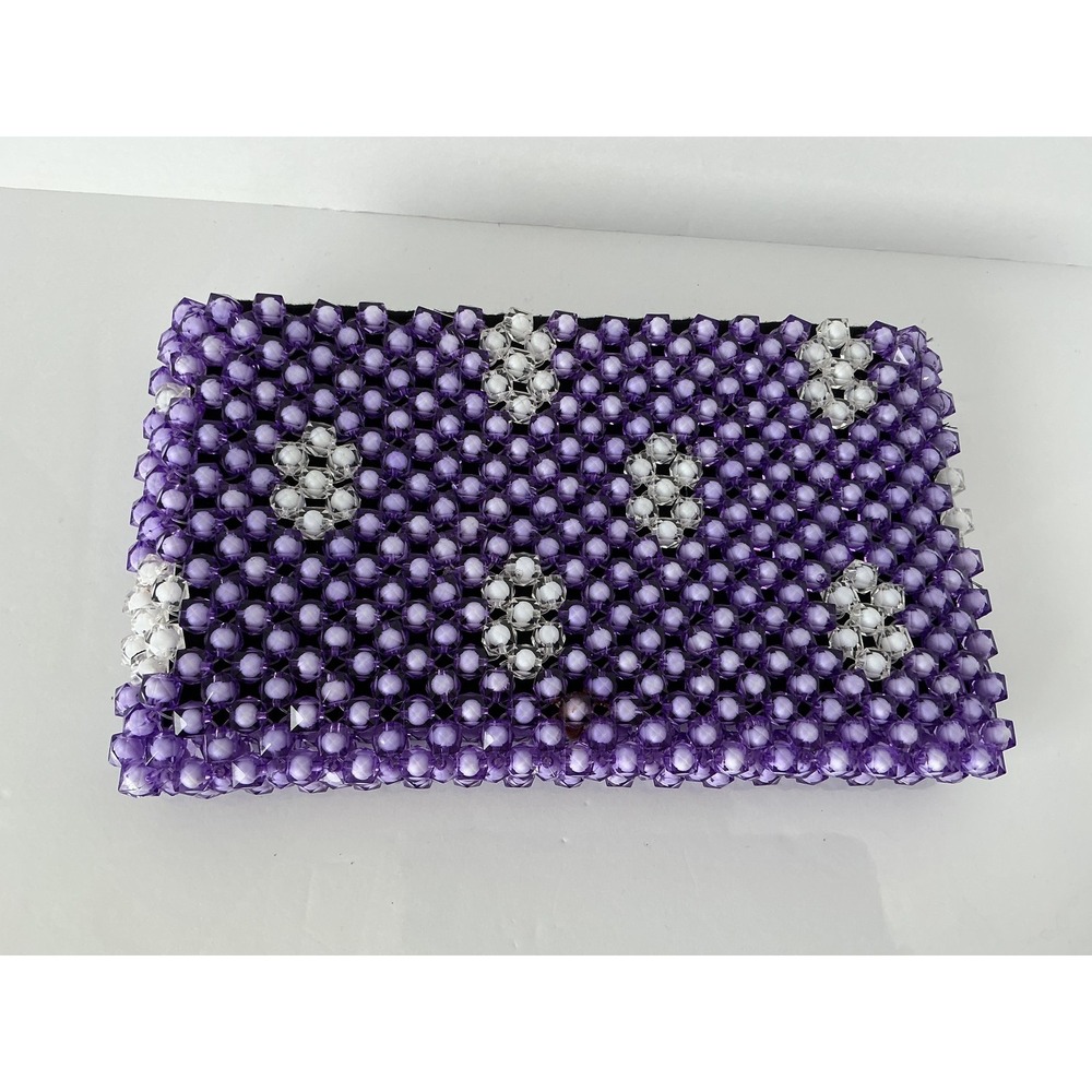 Vintage Style Purple Beaded Clutch Bag Floral Pattern Zip Pouch